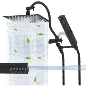 Hibbent All Metal cUPC Certified Shower Head, 12'' High Pressure Rainfall Showerhead Combo, Handheld Shower Wand, 12'' Adjustable Extension Arm, 4-Spray, 71'' Hose, Brass Shower Holder, Matte Black