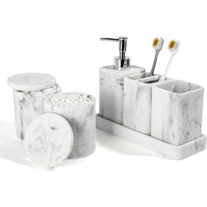 YMXYJM Bathroom Accessories Set, 6 Piece Bathroom Set with Toothbrush Holders, Soap Dispenser, Vanity Tray, Tumbler, Cotton Swab Jars, Bathroom OrganizerBathroom Sink Sets, Artificial Marble White