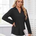 Women's Polo Shirts Collared V Neck Work Tops Long Sleeve Business Casual Dressy Blouses Textured Ribbed Tunic (Black, M)