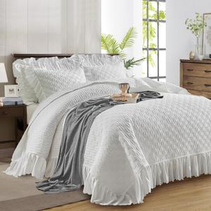 Quilt Bedding Set Twin Size 68 x 86in - 2 Pieces Solid Shabby Chic Farmhouse Ruffles Rustic Coverlet Lightweight Fluffy Summer Oversized Ruffled Bedspread with Shams for Women Men White