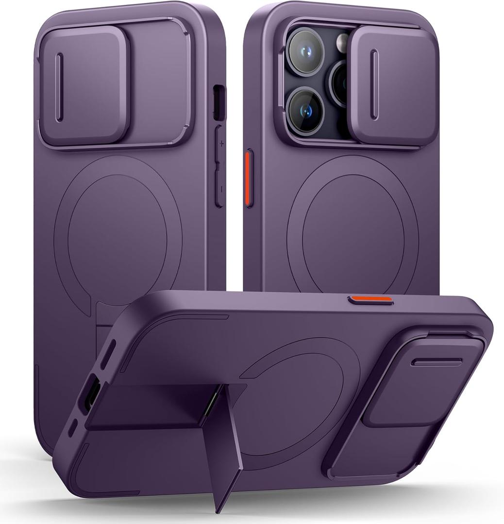 SURITCH for iPhone 14 Pro Case with Magnetic Camera Slide Cover and Adjustable Kickstand, Compatible with MagSafe, Shockproof Bumper Case Slim Protective Cover for iPhone 14 Pro 6.1 Inch,Dark Purple