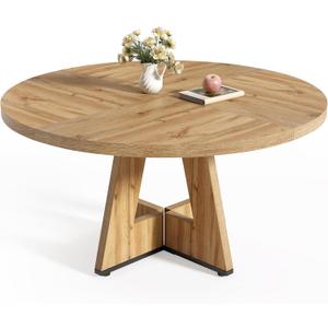 LITTLE TREE Round Dining Table for 4-6 People, 47 Inches with Wooden Pedestal Base, Modern Dinner Table for Dining Room, Kitchen, Living Room (Light Brown)