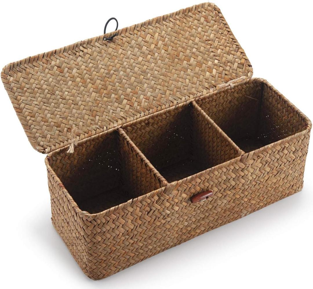 Seagrass Storage Basket for Bathroom - Wicker Toilet Tank Basket with Lid - Woven Narrow Organizer (16.5" x 5.5" x 5.5")