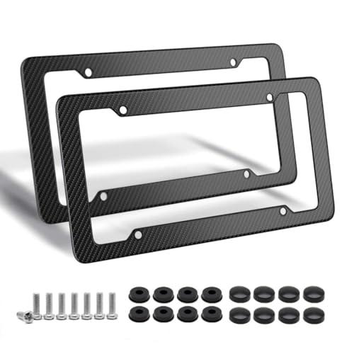 Carbon Fiber License Plate Frame, Glossy Waterproof Plastic Number Plate Frame Print Carbon Fiber Pattern for Man and Women (with Fasteners and Screws) 2 Pack