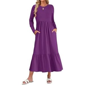 AUSELILY Womens Fall Dresses 2024 Long Sleeve Maxi Dress Casual Crewneck Flowy Tiered Wedding Guest Dress with Pockets (XL, Purple)