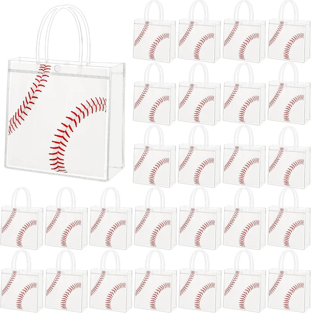 MIMIND 30 Pieces Baseball Gift Bags Baseball Party Favor Goodie Bag with Handles 8 x 8 x 3.15 Inch, Clear PVC Bags Sport Theme Treat Bag for Sports Team Birthday Holiday Party Supplies