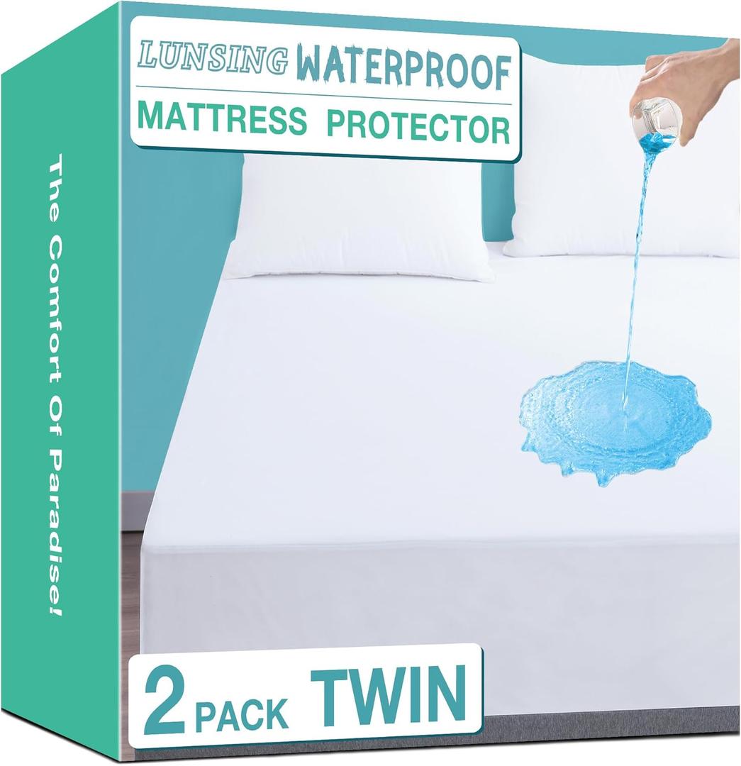 Lunsing 2 Pack Waterproof Twin Mattress Protector, Noiseless, Breathable, and Soft Twin Size Mattress Pad Cover with 6-16 inches Deep Pocket, White