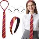 VEKDA Wizard Costume Accessories Burgundy and Yellow Striped Headband,Tie, and Round Glasses Halloween Party Cosplay Set Women 3PCS