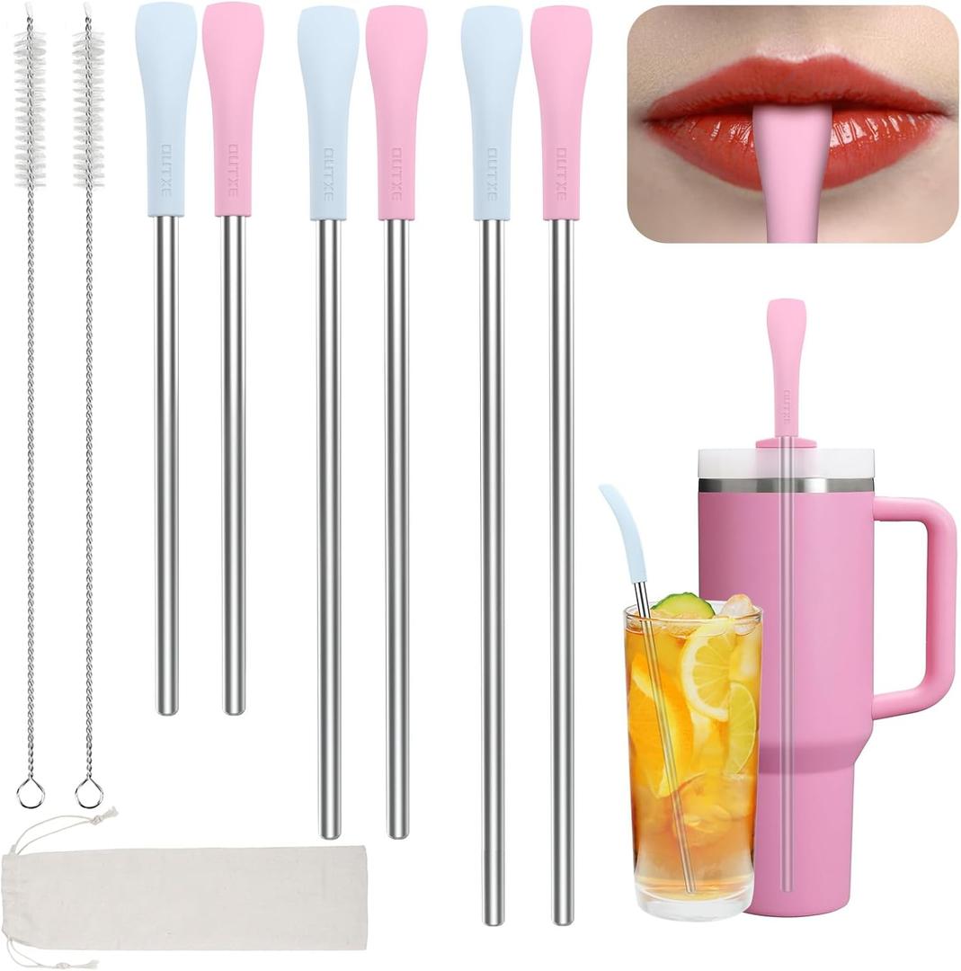 OUTXE Anti Wrinkle Straw 6 Pcs, Flat Wide Drinking Straw for Stanley Cup 40 oz 30 oz, Reusable Wrinkle Free Long Stainless Steel Metal Straw for Lip with Cleaning Brush and Carrying Bag (diameter: 8 mm, blue,pink)