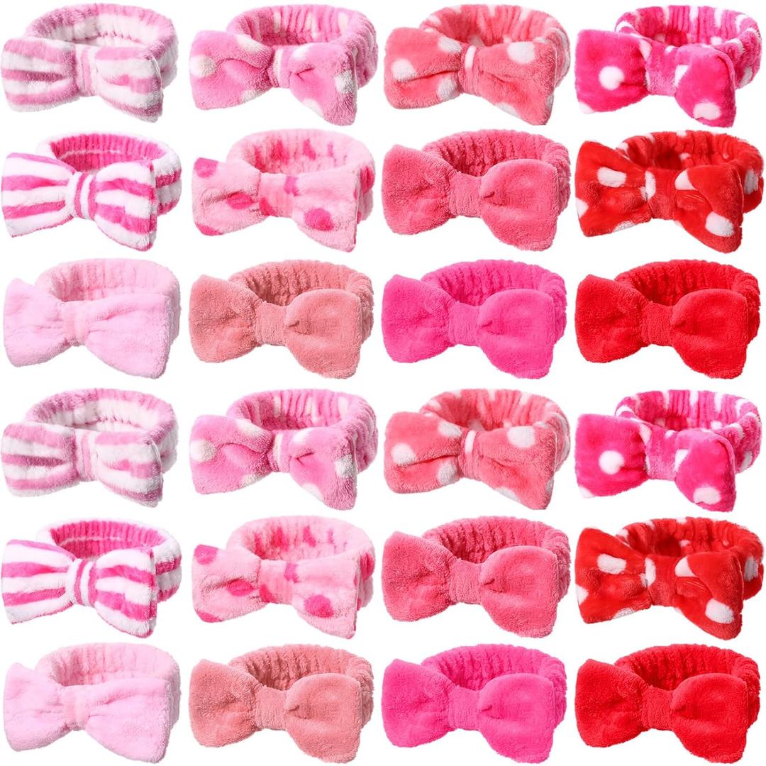 WILLBOND 24 Pieces Spa Headband Bow Hairband Facial Makeup Women Face Wash Valentine' Day Adjustable Skincare Headbands Bulk Soft Flannel Towel Head Wraps for Women Shower Washing Face (Cute)