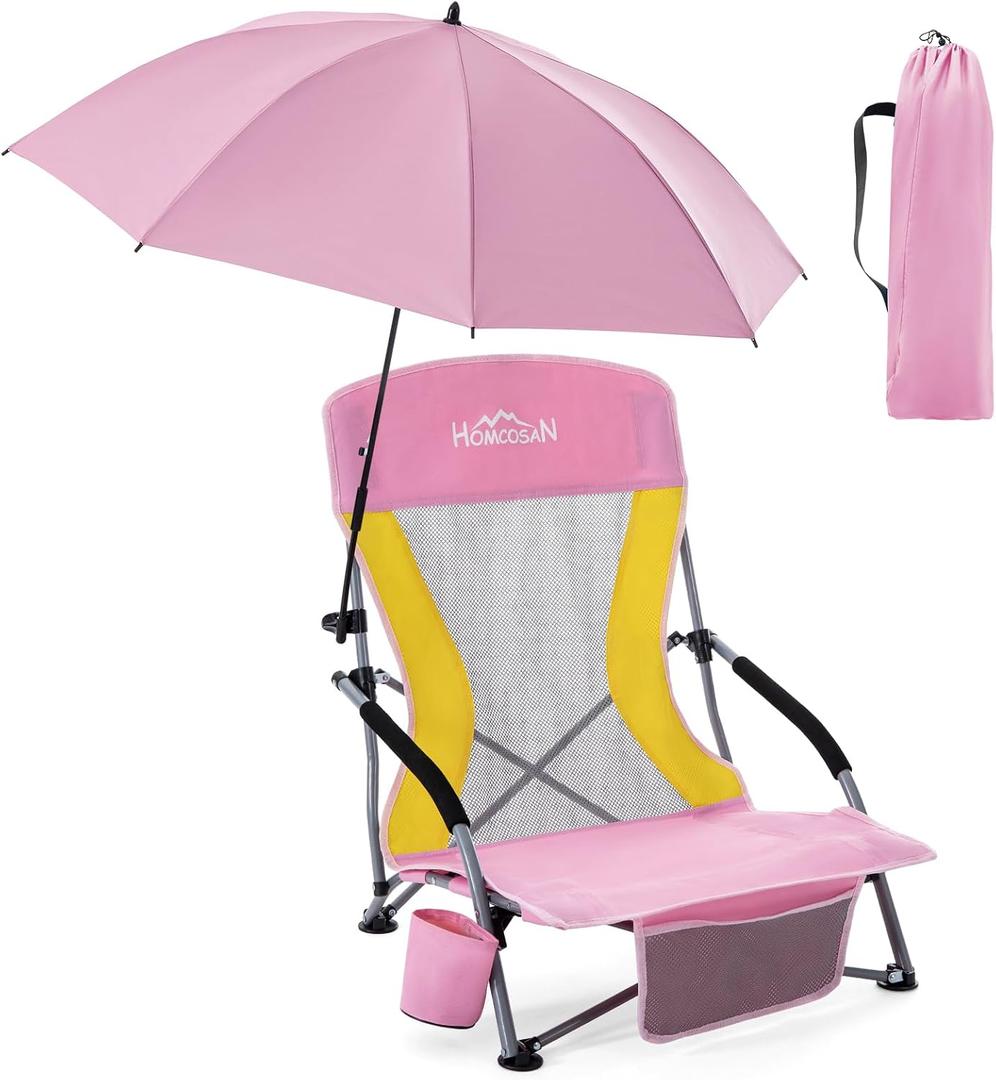 Homcosan Portable Low Folding Beach Chair with Detachable Umbrella - Lightweight Camping Chair for Adults with Cup Holder & Storage Pocket, Carry Bag Included (Pink & Yellow), 1 Pack