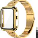 for Apple Watch Band Women 38mm 40mm 41mmm 42mm 44mm 45mm with Face Cover, Metal Stainless Steel for iwatch Band Series 9 8 7 6 5 4 3 2 1 SE. (Gold)