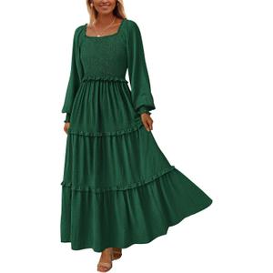 PRETTYGARDEN Fall Dresses for Women 2026 Long Sleeve Smocked Square Neck Swiss Dot Tiered Flowy Wedding Guest Maxi Dress (XX-Large, Dark Green)