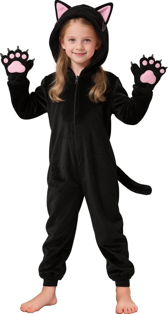 Cuteshower Kids Black Cat Costume Animal Jumpsuit for Girls Halloween Dress Up Costumes (6-7 Years)