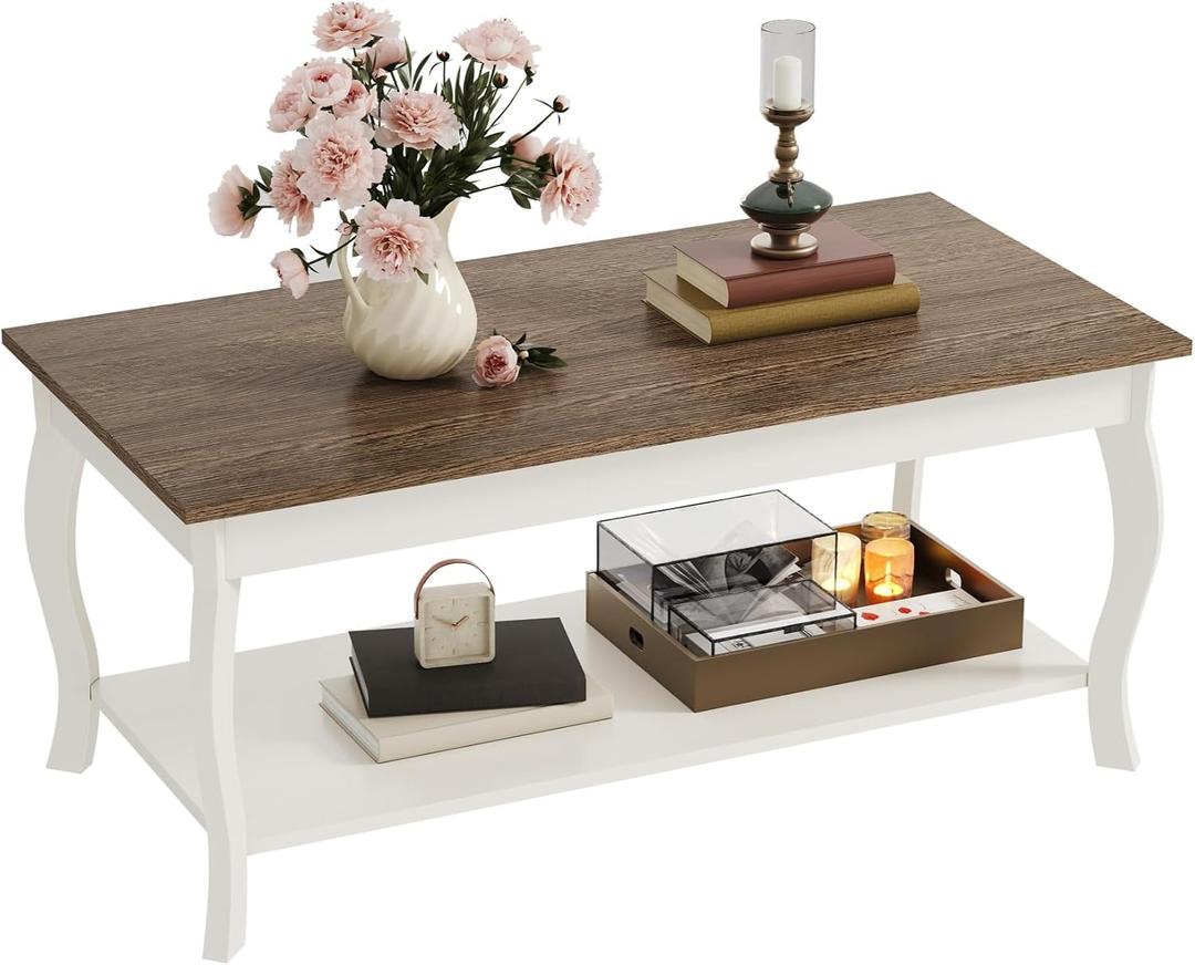 ChooChoo Coffee Table, Rustic Center Table with Curved Legs and Storage Shelf, 39" Coffee Table for Living Room, Soft White
