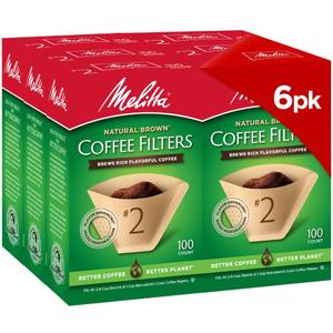 Melitta #2 Cone Coffee Filters, Natural Brown, 100 Count (Pack Of 6), 600 Total Filters - Fits all 2-6 Cup Cone Coffee Makers and 1-cup Pour-Over Brewers, Compostable, Tear-Resistant, Made in USA