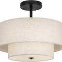 18 Inch Large Semi Flush Mount Ceiling Light Fixture with Dual Drum Design, Farmhouse Fabric Linen Shade for Bedroom, Living Room, Kitchen, and Dining - Modern Chandelier Lamp