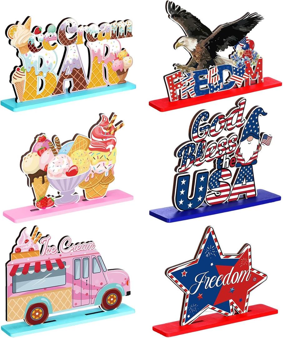 Wonderjune 6 Pack 4th of July Decor Ice Cream Table Centerpiece Patriotic Independence Day & Summer Sign for for 250th Anniversary Party Supplies Decorations