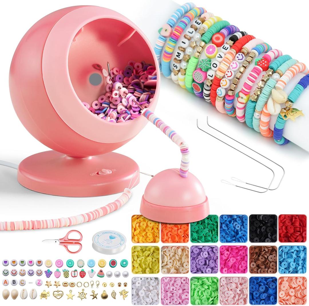 Electric Bead Spinner for Jewelry Making, 4500 PCS Clay Beads for Necklaces and Bracelets, Beginner Bracelet Making Kit, DIY Arts and Crafts Birthday Gifts(Pink)