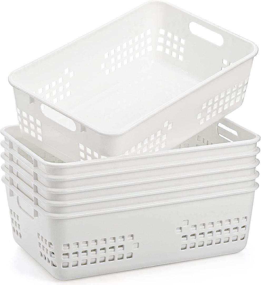 Jucoan 6 Pack White Plastic Storage Baskets, 12 X 8 X 4 Inch Large Plastic Storage Organizer Tray Bin with Handles for Classroom, Drawer, Closet, Bathroom Kitchen
