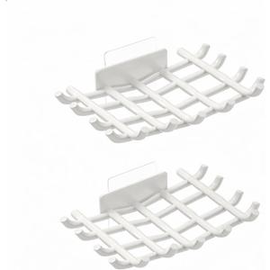 2 x Bar Soap Holder for Shower Wall, Self Draining Plastic Bar Soap Dish Tray Container Case for Bathroom Sink, Adhesive Shower Soap Dish Holder Wall Mounted, White 2 Pack