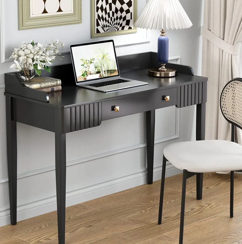 Black Vanity Desk Modern Computer Desk with Drawer Makeup Table with Gold Handle