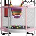 55" Trampoline for Kids with Enclosure, 440lbs Capacity Indoor & Outdoor Toddler Trampoline with Adjustable Gymnastics Bar & Toys, for Boys & Girls (Pink)