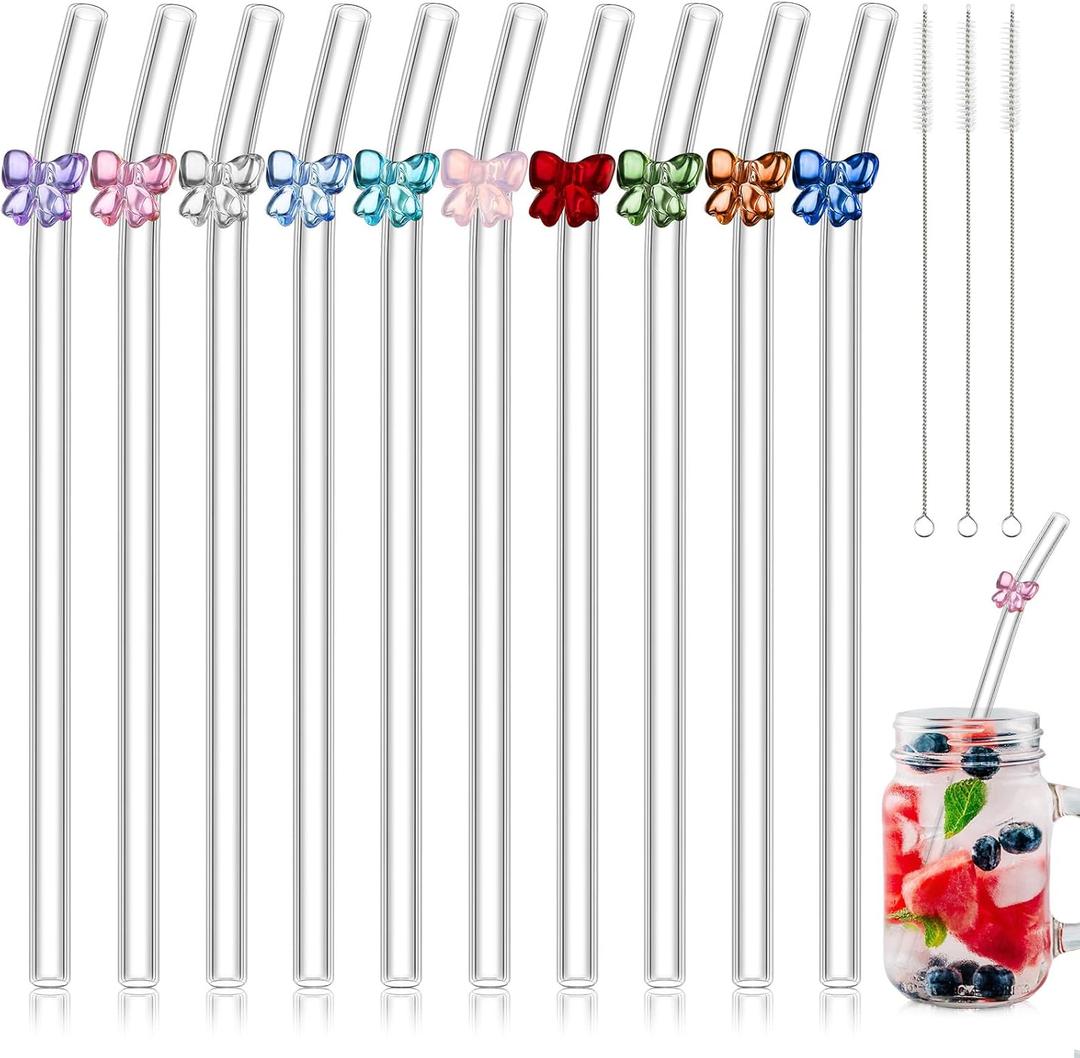Meanplan 10 Pcs Cute Reusable Glass Straws with Design,8 mm x 7.9'' Shatter Resistant Butterfly Bow Clear Bent Glass Straw with Cleaning Brush for Drink Party Milkshakes Juice (Mixed Color)