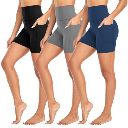 MOREFEEL 3 Pack Biker Shorts Women with Pockets – 5" Tummy Control High Waisted Workout Gym Yoga Athletic Shorts S/M