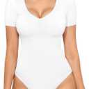 MANGOPOP Double Lined Short Sleeve Bodysuits for Women V Neck Thong Body Suit Stretchy Lightweight Bodysuit Tops (Medium)