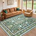 9x12 Area Rug Living Room Rugs - Washable Boho Vintage Floral Large Soft Non Slip Thin Rug Low Pile Carpet for Bedroom Dining Room Kids Playroom Office Decor Indoor- Green