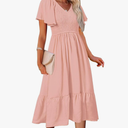 MEROKEETY Women's Summer Casual V Neck Ruffle Sleeve Smocked High Waist Midi Dress with Pockets, XXL
