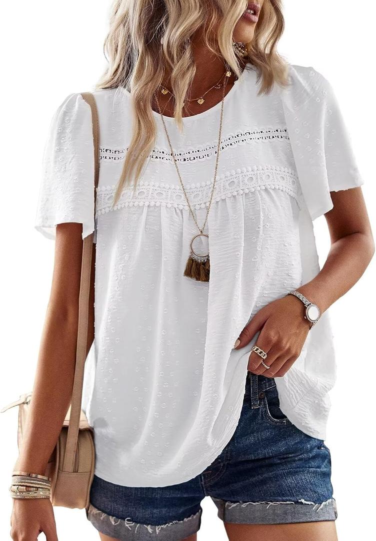 Falechay Womens Summer Tops Crewneck Short Sleeve Shirts Casual Chiffon Blouses Flowy Lace Hem Boho Clothing Trendy 2026 (White, S)