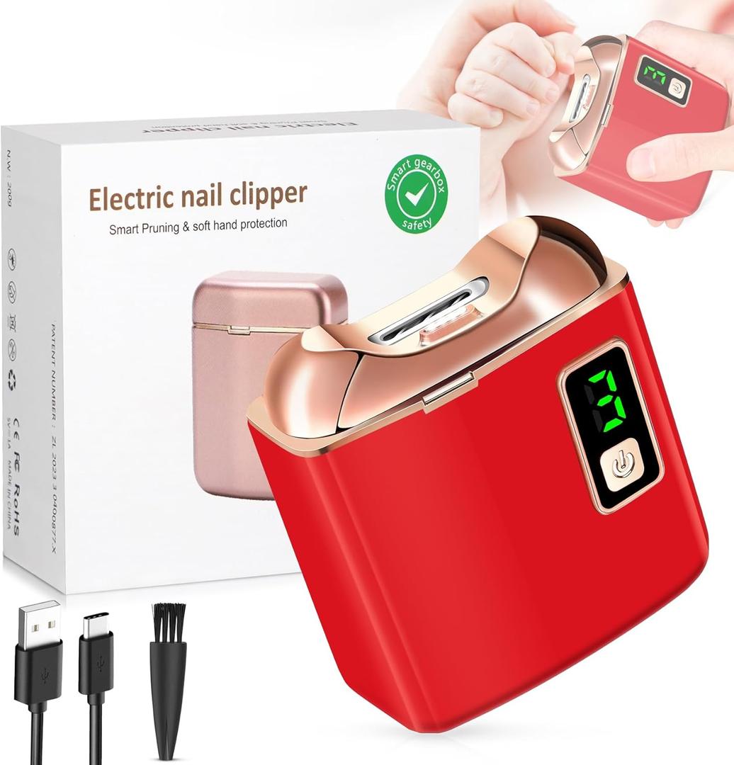 Electric Nail Clipper with LED Light, USB Rechargeable Nail Trimmer, 3-Speed Fingernail Manicure for Baby, Kids, Seniors, and Adults - Perfect for Elderly Nail Care (Red)