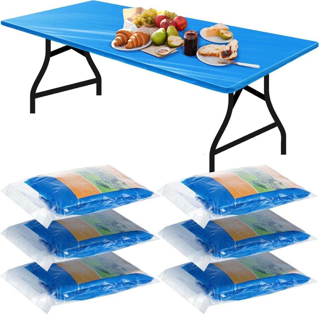 Boao 6 Pcs Disposable Plastic Tablecloth Parties Picnic Table Covers with Elastic Fitted Elastic Plastic Table Cover Rectangle Waterproof for Indoor, Outdoor, Picnic, Camping (Blue,72 x 30 Inch)