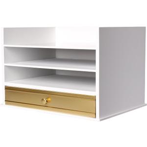 Kate and Laurel Industrious Desktop Wood Letter Tray with 3 Trays and Drawer, White and Gold (12.8" x 9.8" x 8.8")