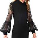 WDIRARA Girl's Floral Lace Sheer Mesh Bishop Long Sleeve Mock Neck Pencil Dress 7Y