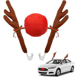 Abnaok Car Reindeer Antler Kit and Nose, Reindeer Christmas Decoration for Car Window Roof-Top & Front Grille,Christmas Reindeer Antlers Auto Decoration Set for Car SUV Van Truck