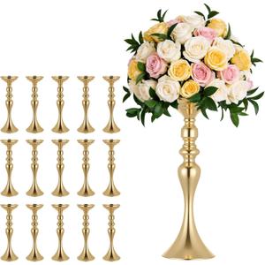 VEVOR 16 PCS Wedding Flower Vase, 15 in Tall Flower Table Centerpieces, Crystal Banquet Vases Easy Installation, Electroplated Versatile Arrangement Stand for Party Events Home Decor Reception, Gold
