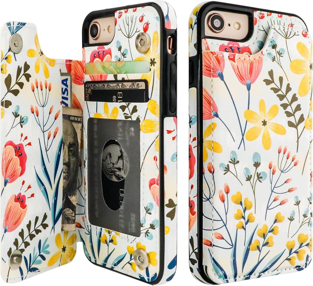 HAOPINSH for iPhone SE(2022)/(2020) iPhone 7/8 Wallet Case with Card Holder, Floral Flower Flip Folio PU Leather Kickstand Card Slots, Double Magnetic Clasp Shockproof Case 4.7"