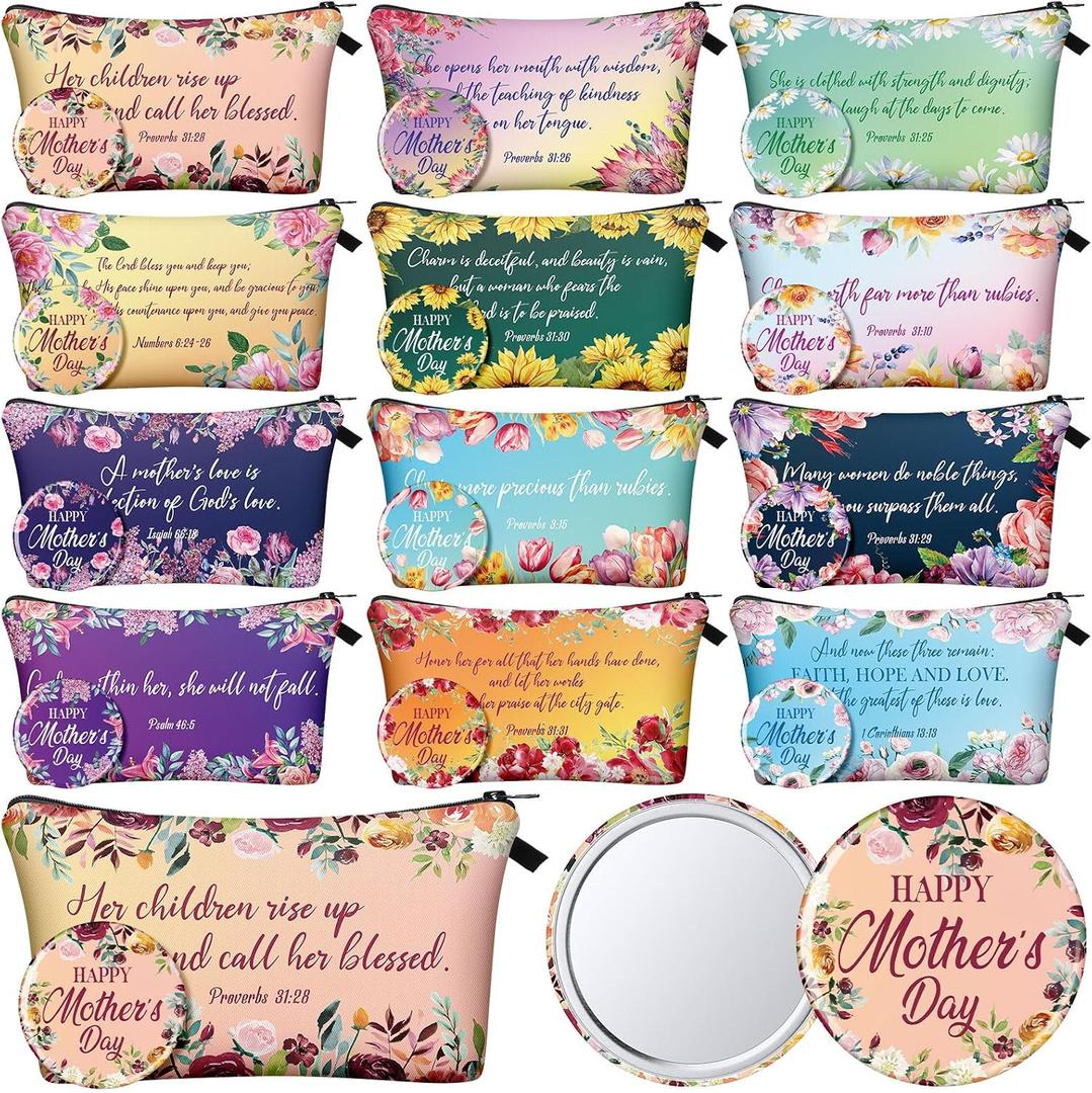 Kacctyen 96 Pcs Christian Mother's Day Bulk Gifts Inspirational Canvas Makeup Bags Compact Mirrors Bulk Christian Bible Verse Church Religious Prayer Gifts for Moms Women Church Mother's Day