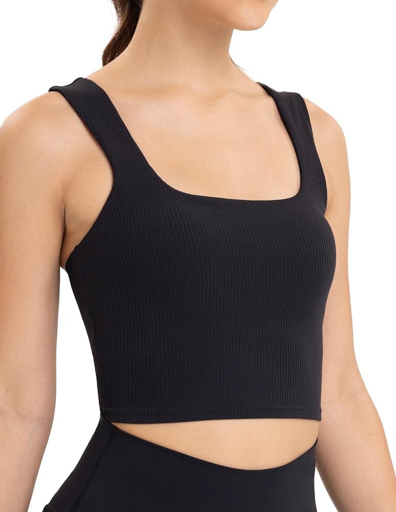 Chilylori Square Neck Sports Bra Racerback Workout Tops for Women Y Back Sports Bra Crop Top Medium Support Padded Crop Tank Longline Workout Tank Yoga Black XL