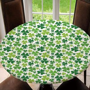 Elastic Edged Waterproof Table Cover Tablecloths Kitchen Decor, Fits for Round Tables - Clover, St Patricks Day Pattern Fit for Diameter 58.2"-62.1" Table