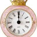 Vintage Mini Analog Table Clock, Silent Crown Table Clock with Hand-Painted Metal Body and Battery Operated Non-Ticking Core for Shelf, Living Room, Bedroom, Bedside, Desk (Pink)