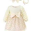 Renotemy Infant Baby Girl Dress Fall Winter Outfits Apricot Baby Baptism Dress Puff Sleeve Tutu Tulle Dresses for Baby Girls Princess Wedding Birthday Party Dresses with Flower Headband 6-12 Months