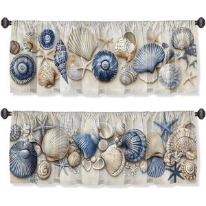Seashell Valance Curtain for Windows 2 Pack, Blue Beige Nautical Shell Starfish Rod Pocket Printed Curtain Valances Short Tier Curtains for Living Room Bathroom Bedroom 54x18 Inch