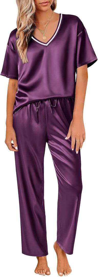 Ekouaer Satin Pajama Set for Women Short Sleeve Silky Pjs 2 Piece Lounge Sets Soft Comfy Sleepwear Loungewear S-XXL (Purple)
