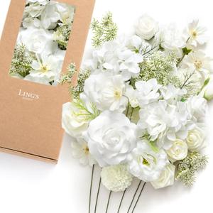 Ling's Moment Fake Flowers Box, Artificial Faux Greenery Stems Silk Hydrangea Foam Rose for Wedding Bouquets Centerpieces Table Decorations Floral Picks Arrangements, White & Cream, Deluxe Combo