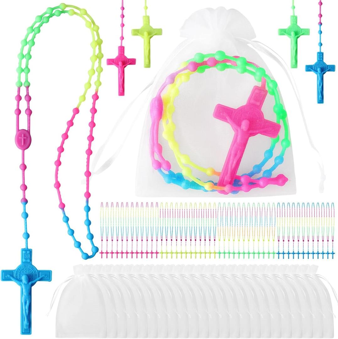 Ecally 48 Pack Rosary Cross Necklaces Bulk Silicone Multicolor Cute Catholic Prayer Rosary Bead with Organza Bags for Guest Church Welcome Gifts Religious Party Favor