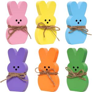 Fumwase 6PCS Easter Table Wooden Bunny Spring Signs Rabbit Table Decorations for Adults Bunny Shaped DIY Painting Art Craft